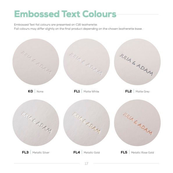 Six embossed text samples in metallic colors against light gray circular backgrounds.