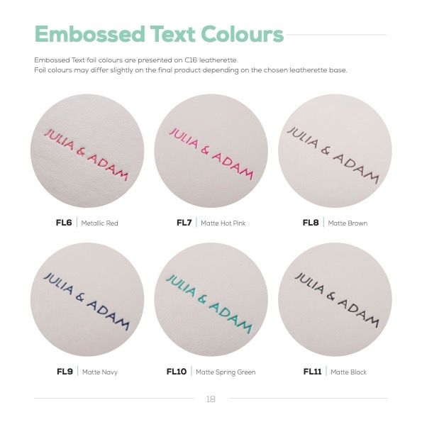 Grid of circular samples showing embossed text in different pink and mint color variations.