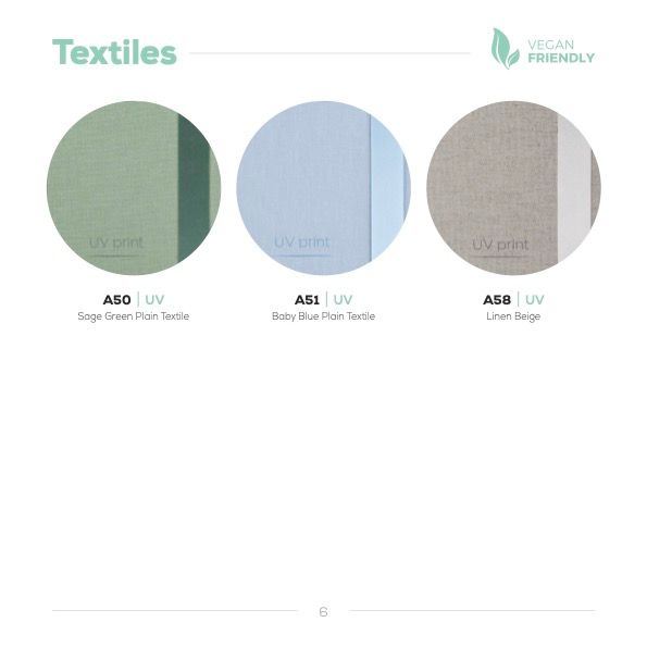 Three textile swatches displaying mint green, light blue, and beige color options.