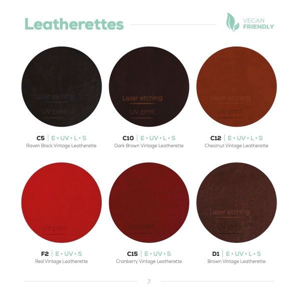 Six circular leatherette material samples arranged in a grid showing black, dark brown, cognac, red, burgundy and chocolate.