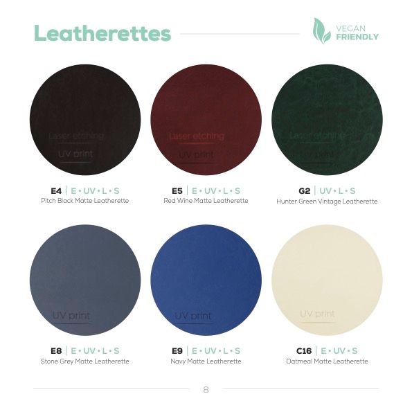 Collection of six leatherette swatches displaying black, maroon, forest green, gray, navy blue and cream colors.