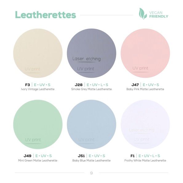 Grid of six pastel leatherette material samples showing cream, gray, pink, mint green, baby blue and white shades.