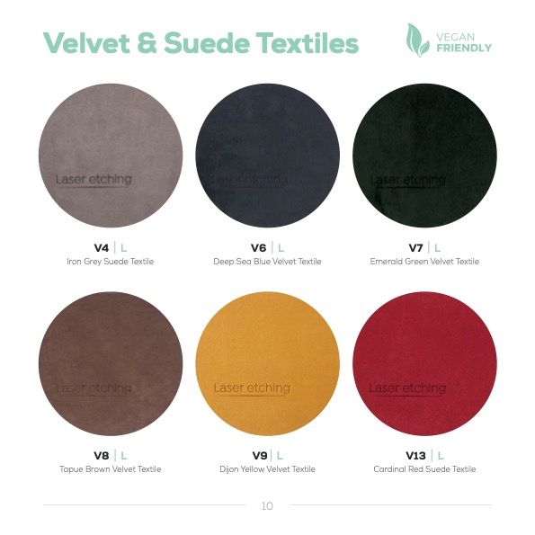 Six velvet and suede textile swatches featuring taupe, charcoal, dark green, brown, mustard and red colors.