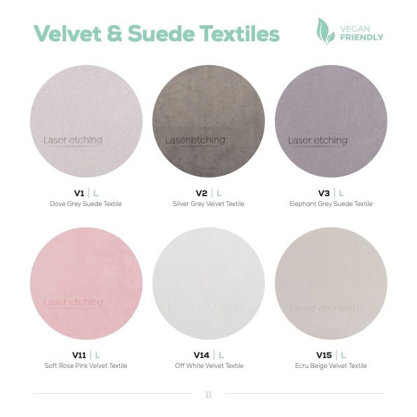 Display of six velvet and suede textile samples in cream, gray, lilac, blush pink, white and beige tones.
