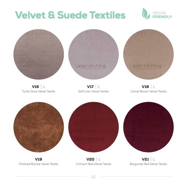 Velvet and suede fabric swatches showing six colors including taupe, gray, tan, chocolate, burgundy and wine.