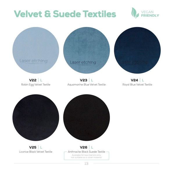 Five velvet and suede textile samples displaying light blue, teal, navy, and two shades of black.