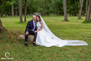 Wedding couple sitting by tree with flowing white dress train on grass.