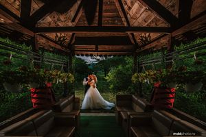 Romantic wedding portrait in lush green garden gazebo with dramatic lighting.