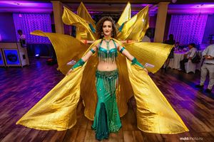 Belly dancer performer in turquoise and gold costume with large metallic wings under purple lighting.