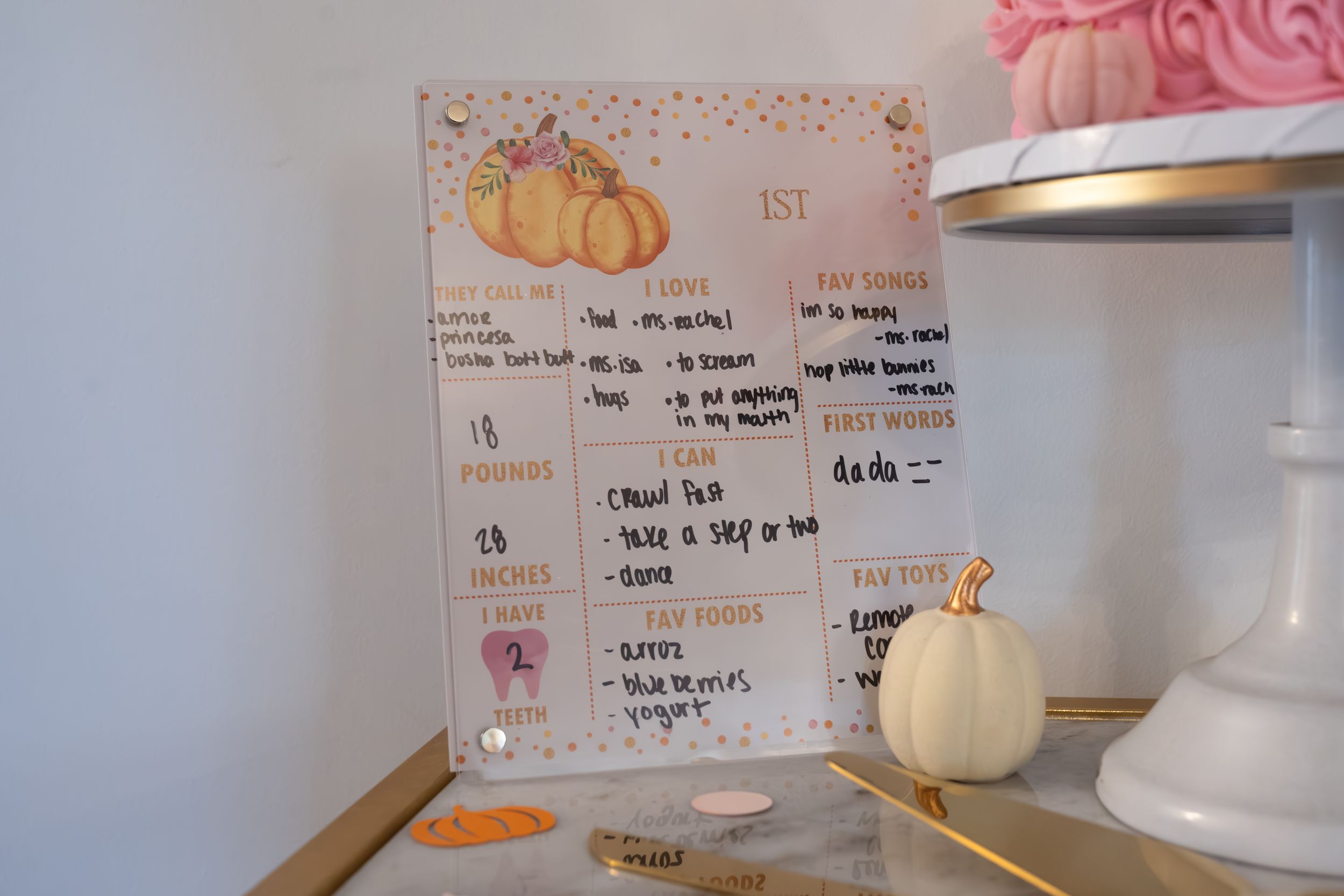 Handwritten event schedule on decorative paper with pumpkin theme and pink accents.