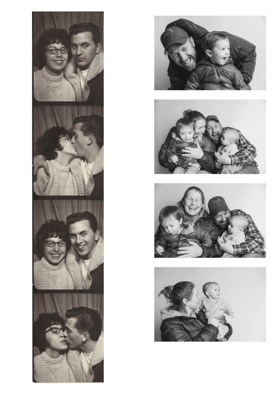 Collection of vintage photo booth strips and modern family portraits in black and white.