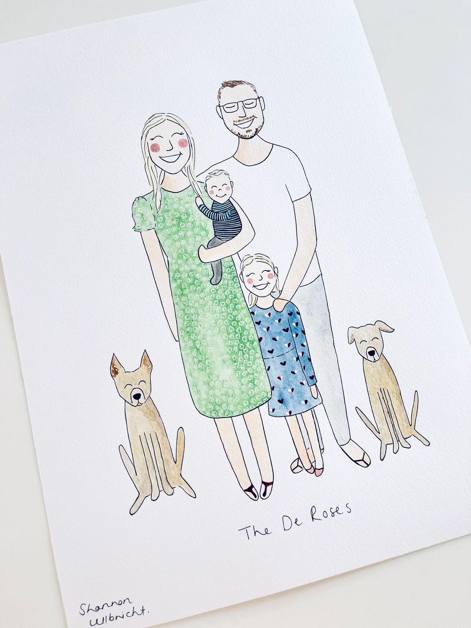 Colourful, hand painted illustration of a happy family with their children and pets by Shannon Ullbricht Ilustration.