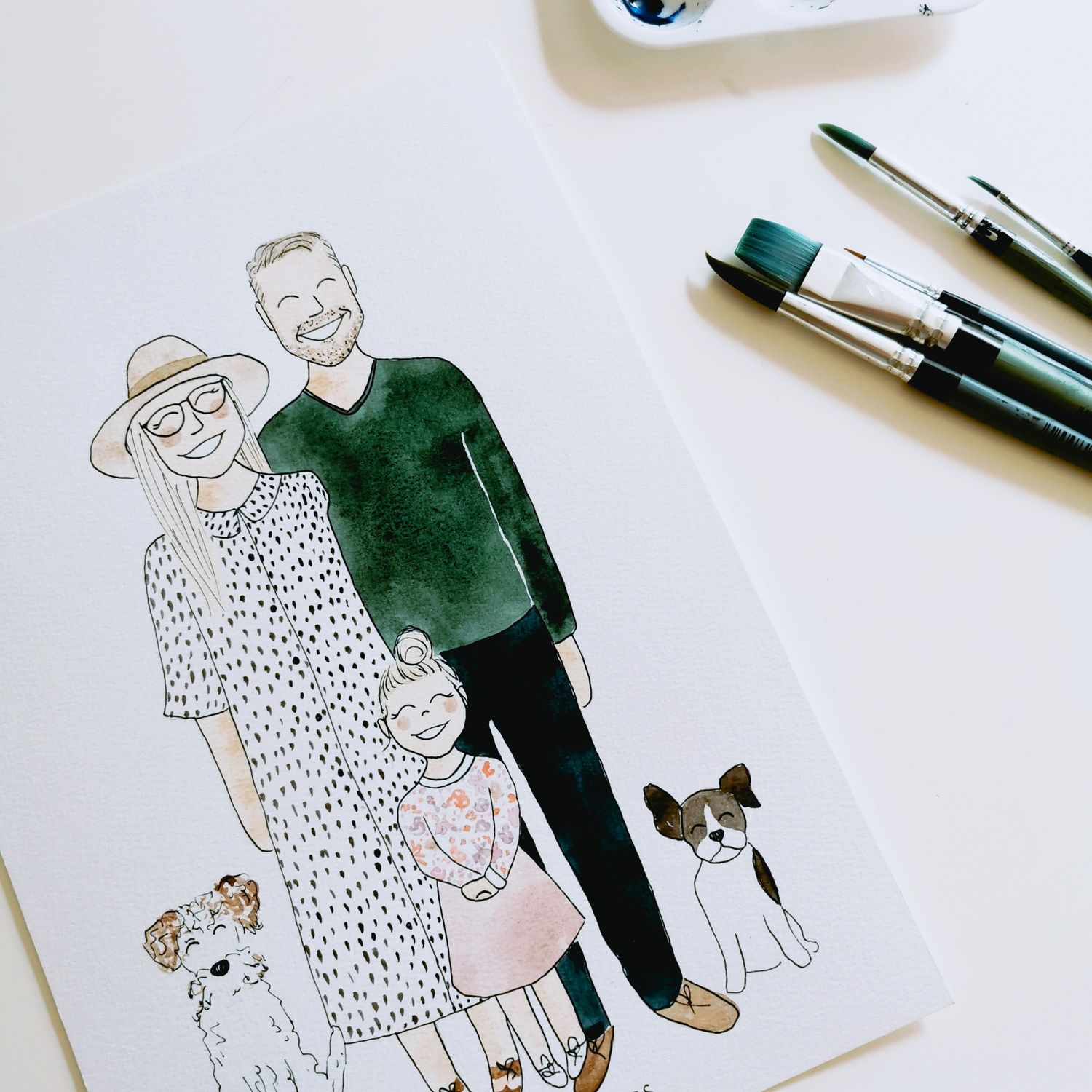 Hand painted illustration of a family with their daughter and their pets.