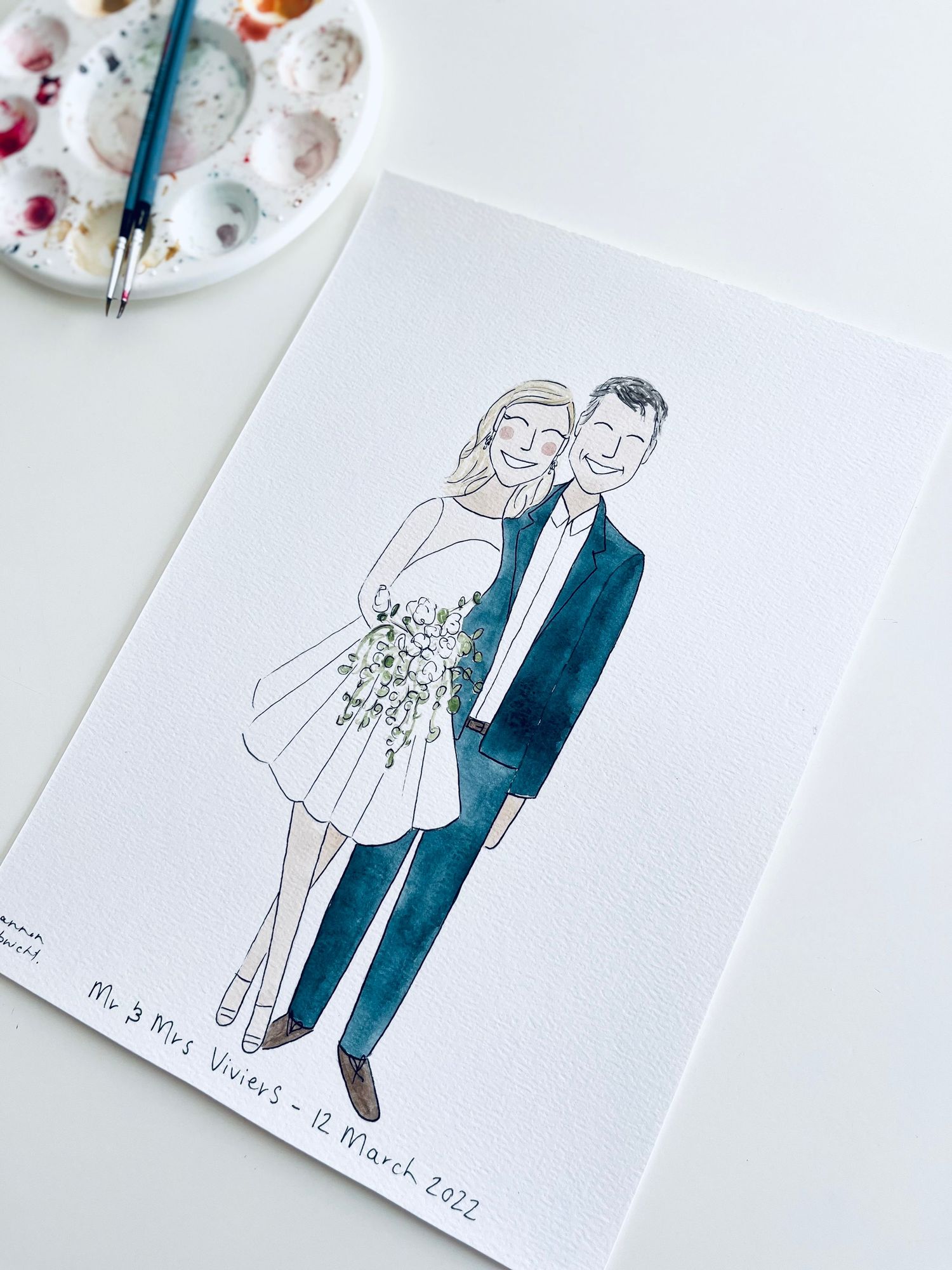 Hand painted illustration of a married couple holding each other, she is wearing a short wedding dress and he a suit