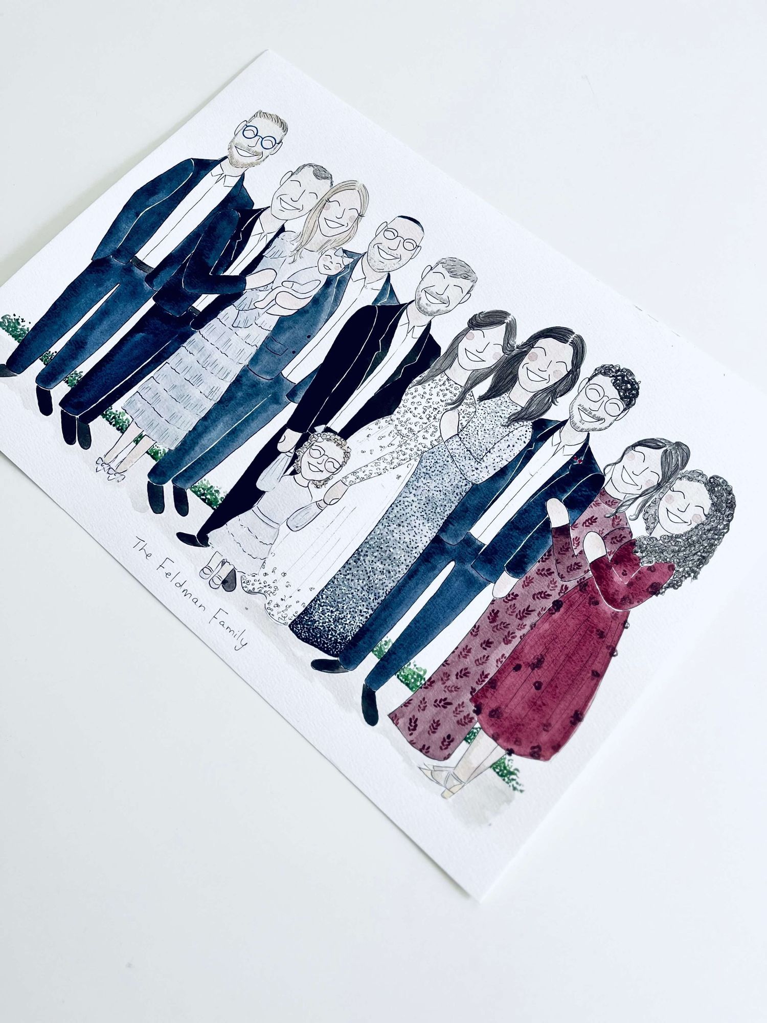 Hand painted illustration of a large family standing together by Shannon Ullbricht Illustration.