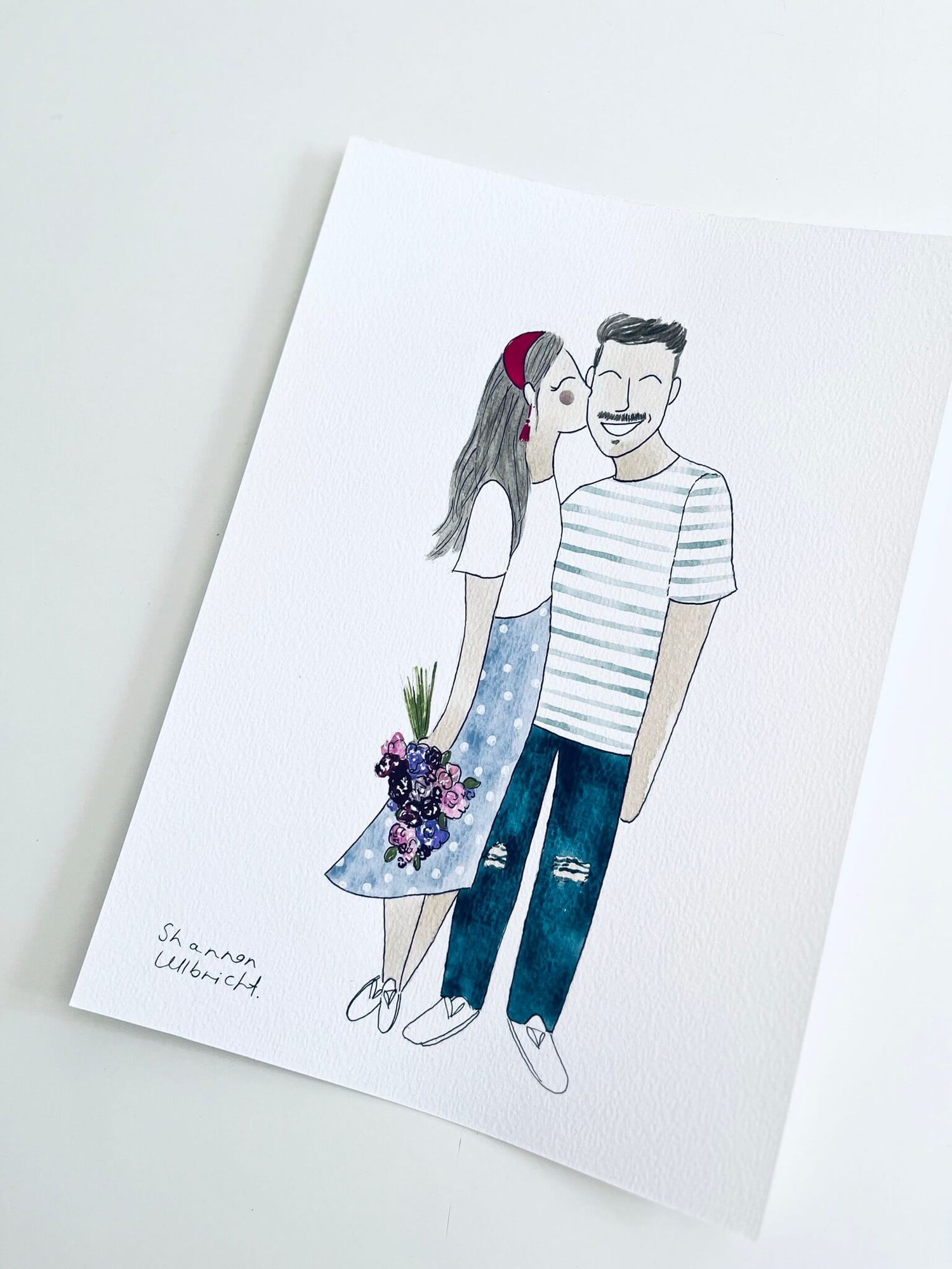 Hand painted illustration of a couple in love, she is giving him a kiss on the cheek while holding flowers