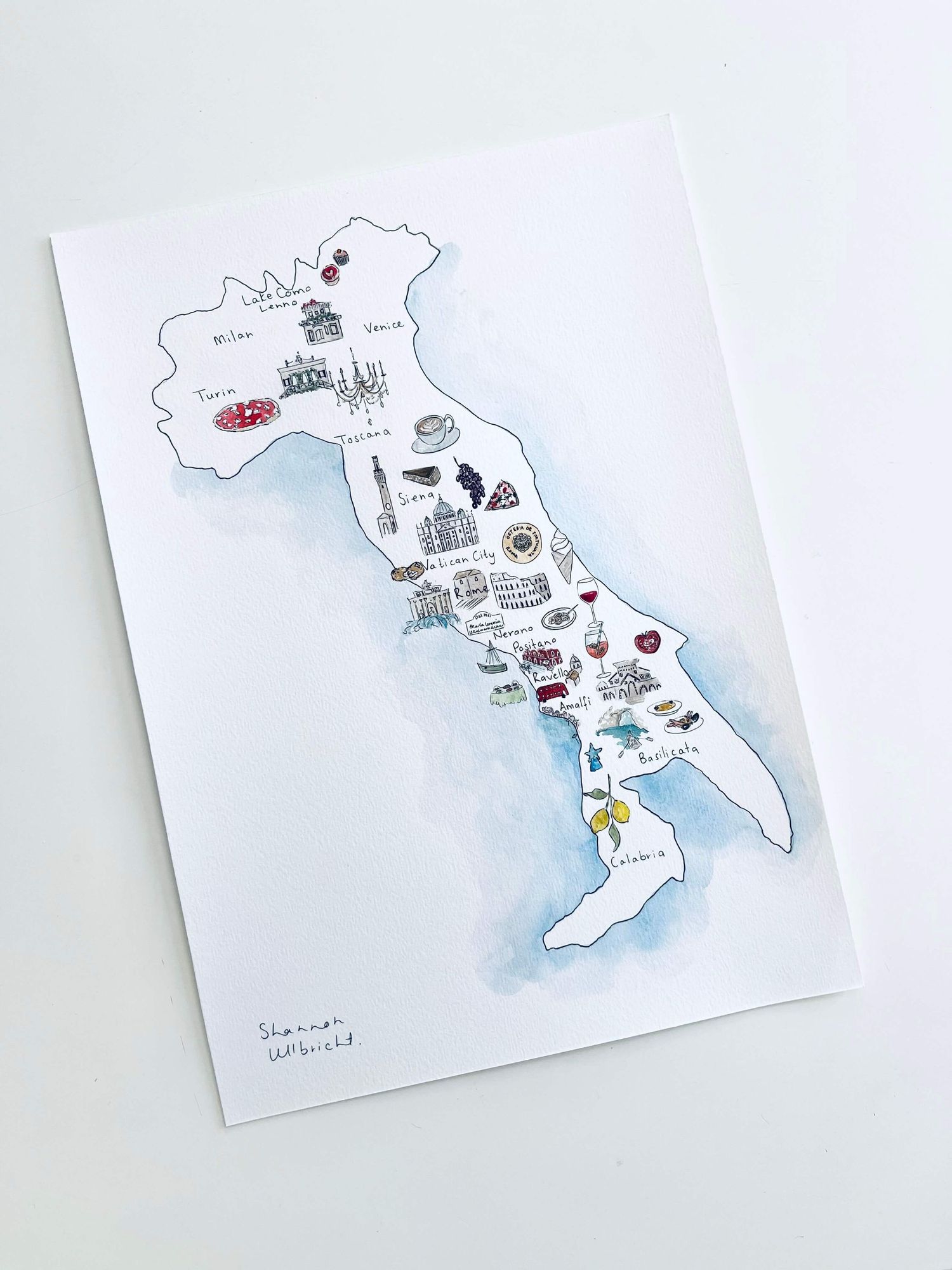 Hand painted illustration of a memory map if Italy.