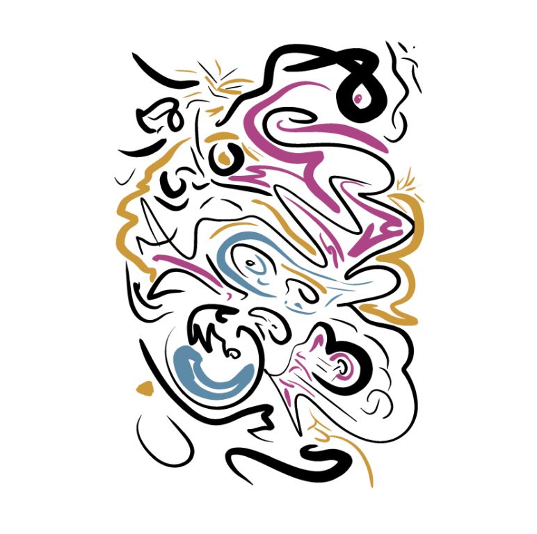 Abstract art with flowing curved lines in black, pink, and gold creating an organic swirling pattern.