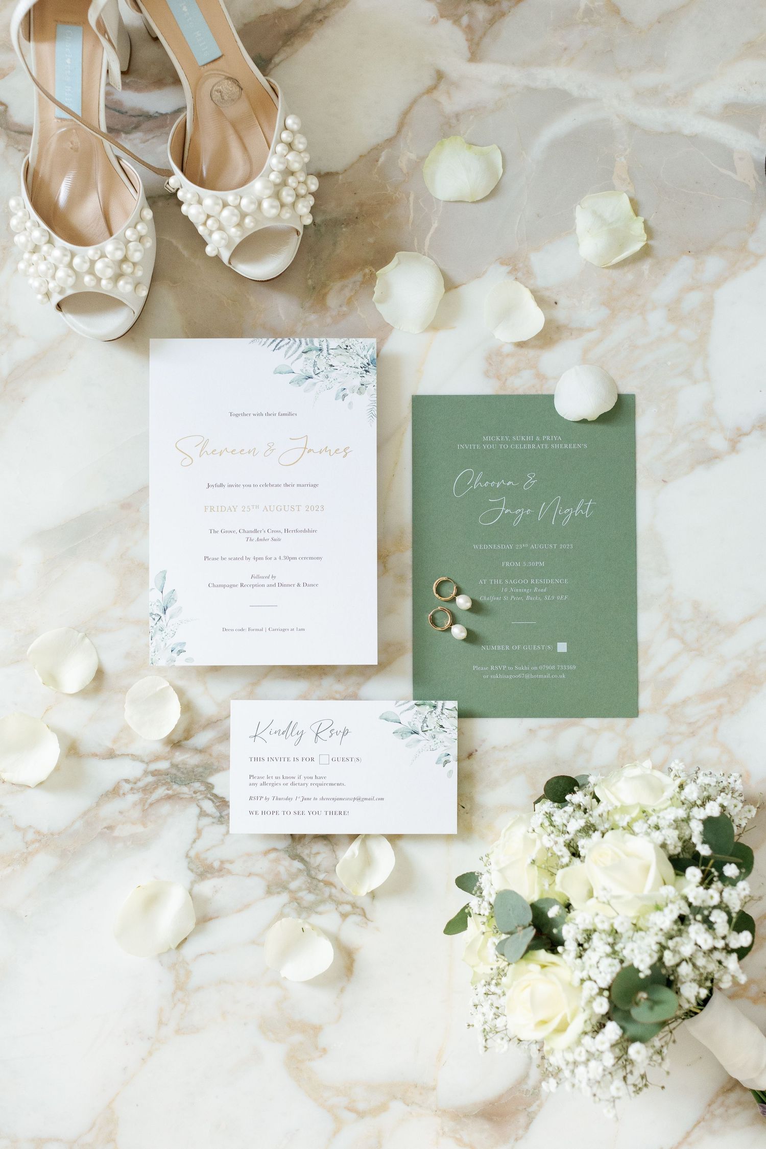 Bridal details flat lay at the Grove Hotel in Watford, including wedding invitaions, shoes, earrings and bouquet