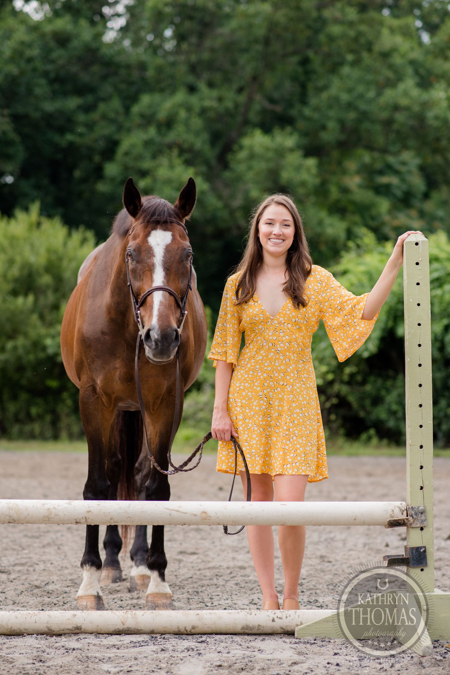 A bay horse and a person in yellow sundress stand next to a jumping pole in an arena.