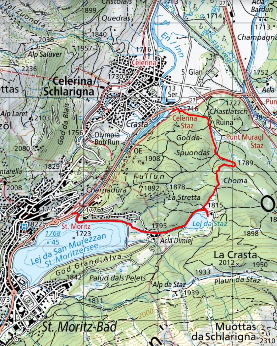 Topographical map showing hiking trails and elevations around St. Moritz-Bad in Switzerland.