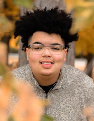 Portrait shot of someone in gray sweater with natural fall colors in background.