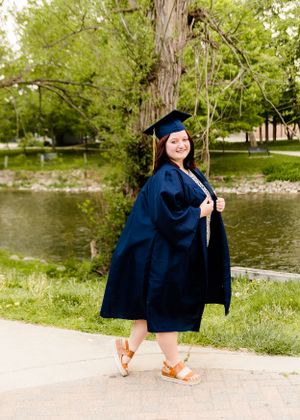 Series of graduation photos taken on a pathway near a lake with trees in background.