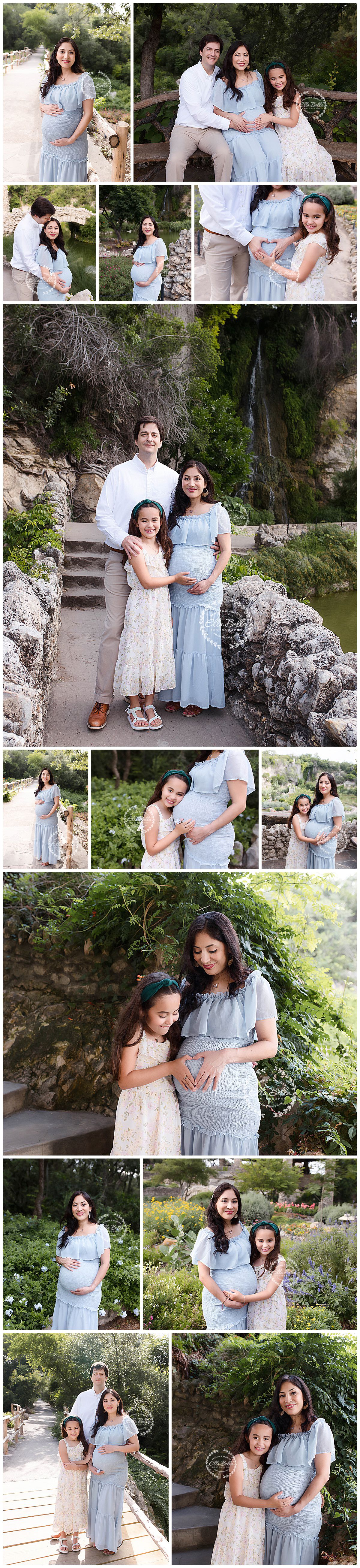 Outdoor maternity photo session featuring family in coordinated blue and white outfits.