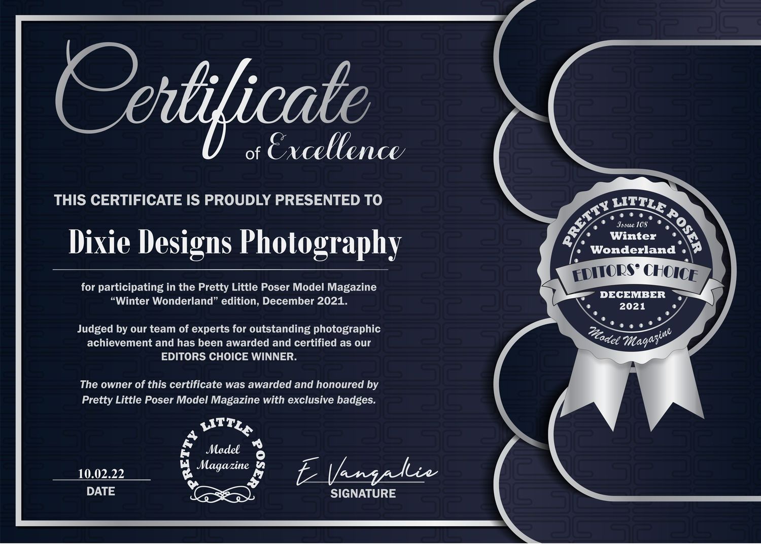 Certificate of Excellence awarded to Dixie Designs Photography for Winter Wonderland edition December 2021.