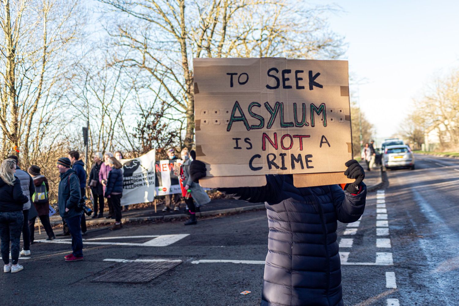 'To Seek Asylum is not a Crime' banner at the No To Hassockfield Campaign Demo