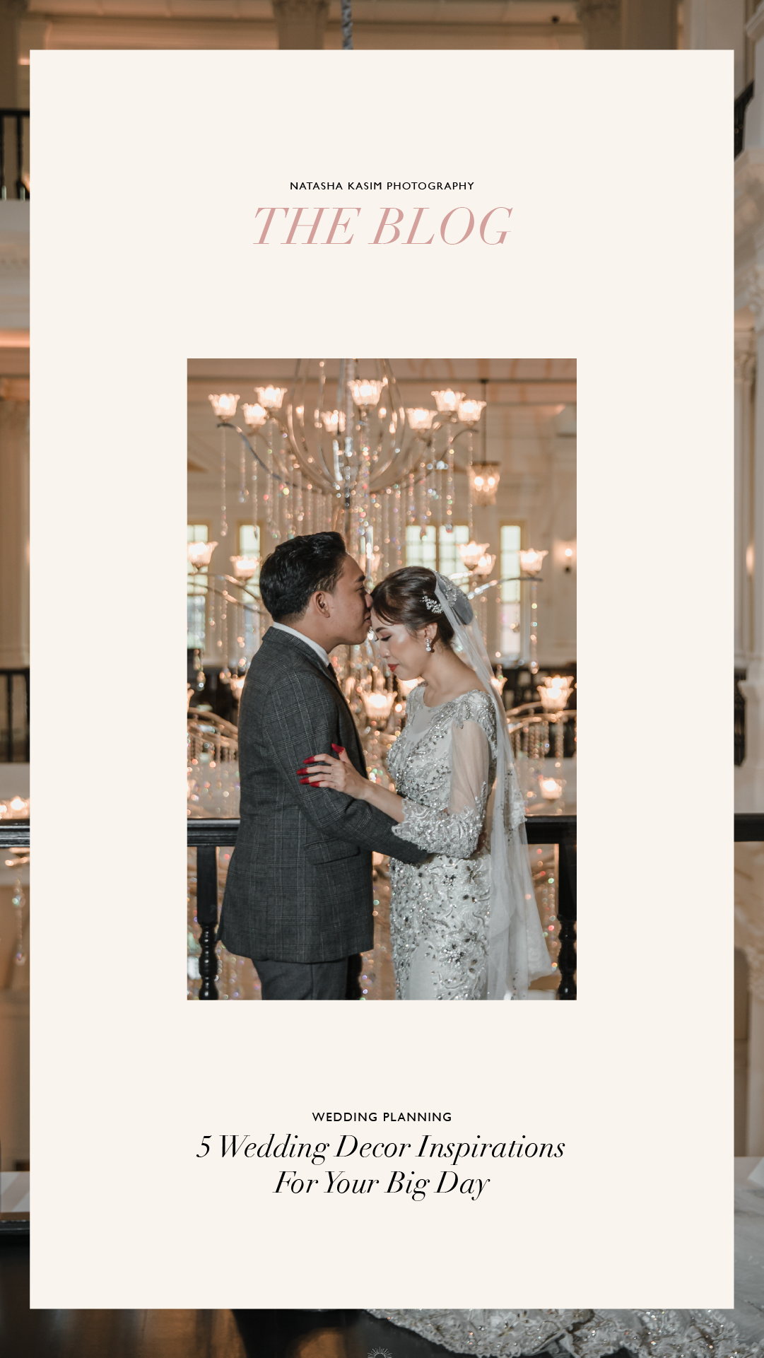 Wedding blog template featuring romantic couple photo with chandelier backdrop and elegant typography.