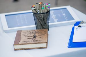Guest Book & Pens on Welcoming Table at Outdoor Summer Wedding in CALIFORNIA 2020