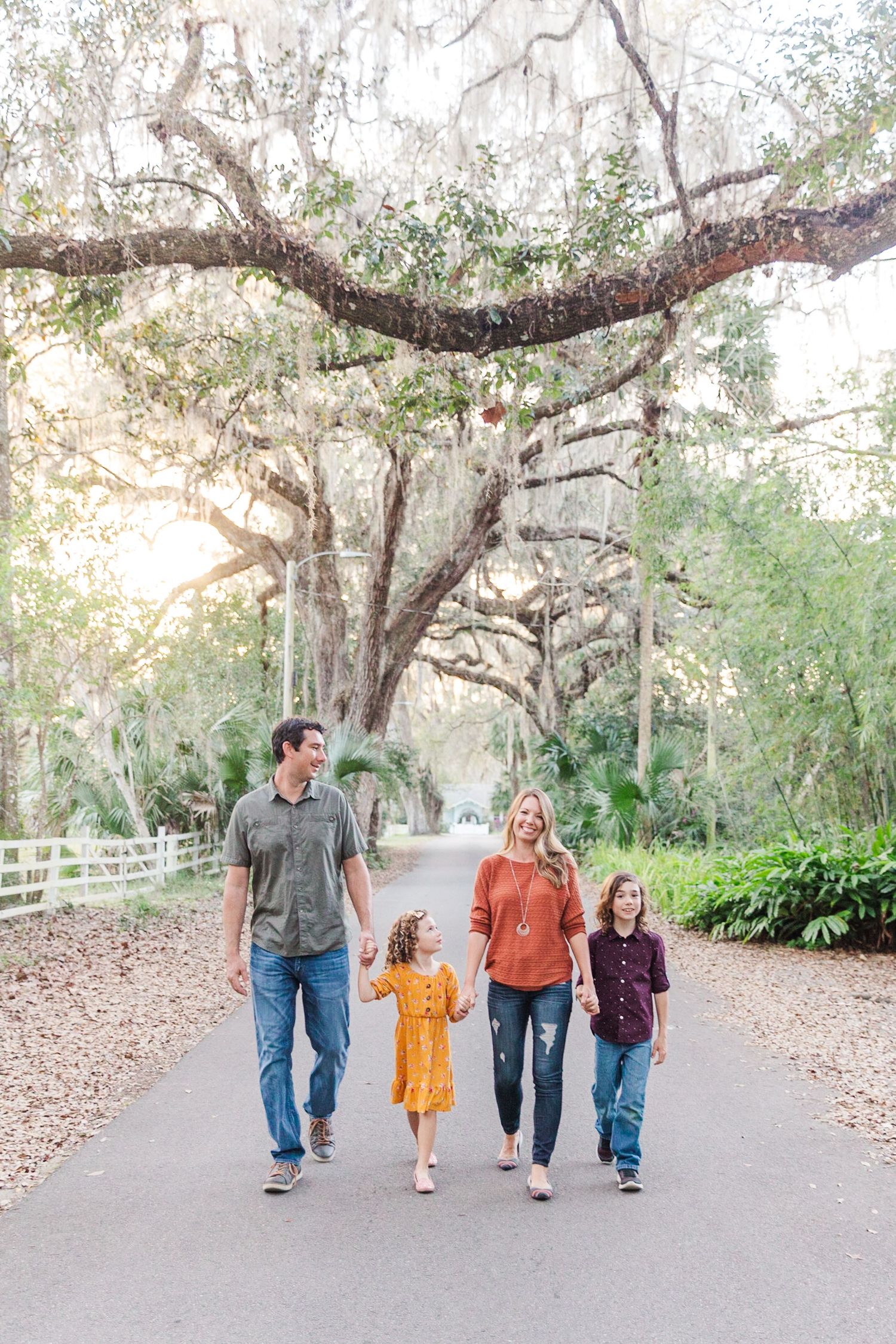 A group walks down a tree-lined path with Spanish moss hanging from oak branches.