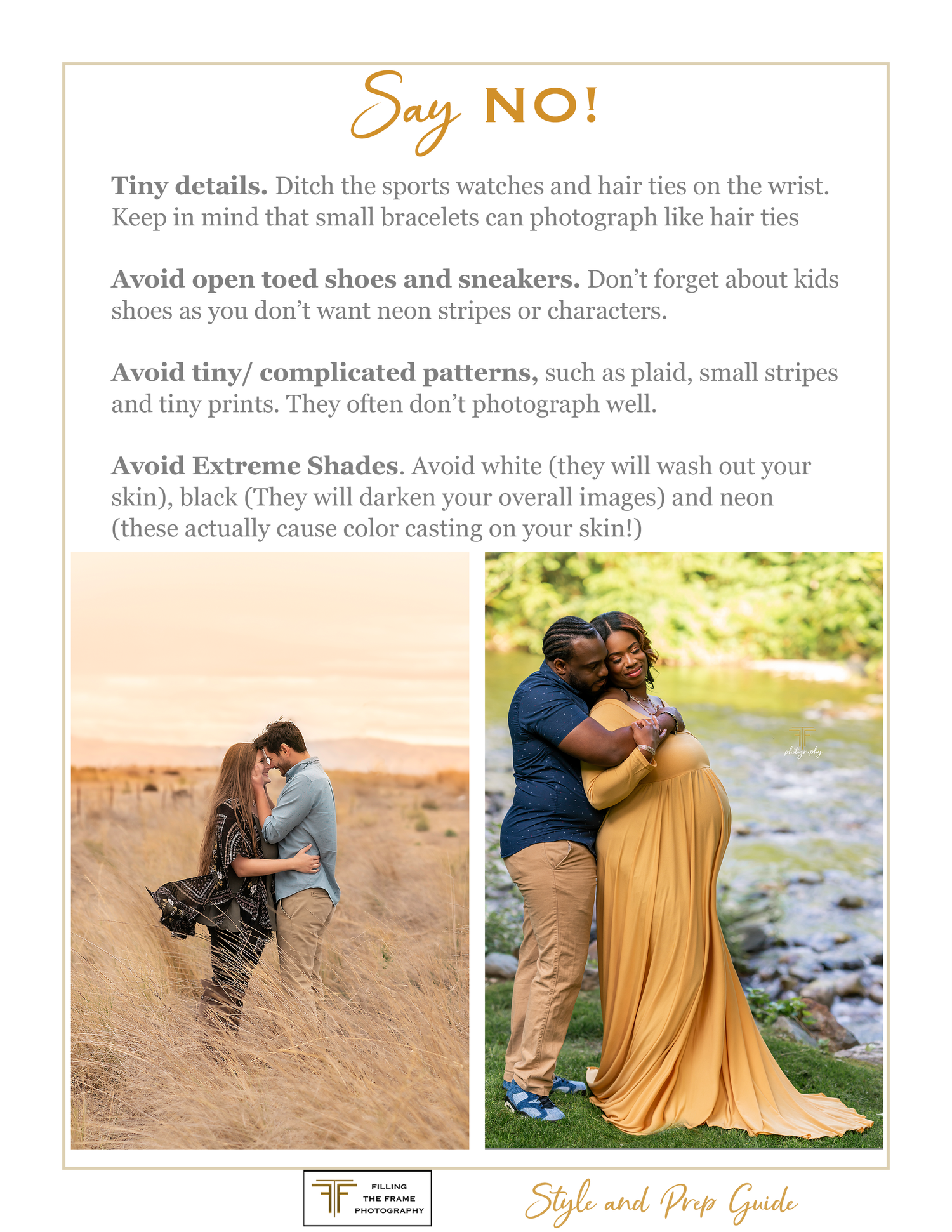 Photography style guide with tips on what not to wear for portrait sessions.