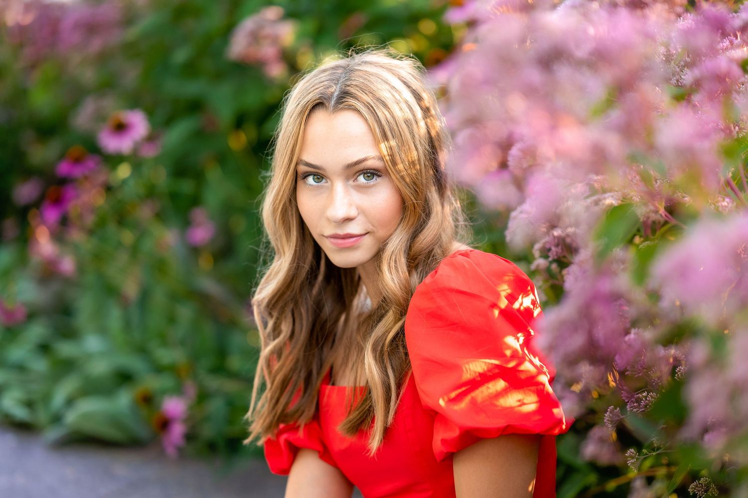 senior girl red top purple flowers Smale park CINCINNATI