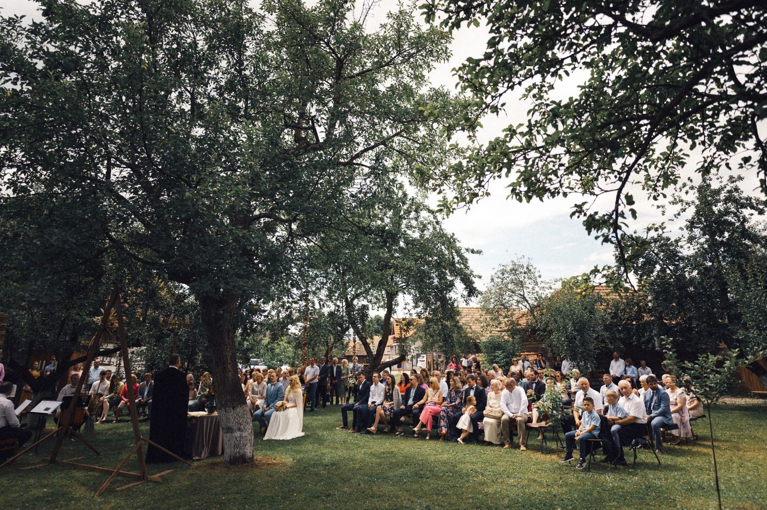 Large outdoor gathering under mature oak trees with rows of chairs set up on a lawn.
