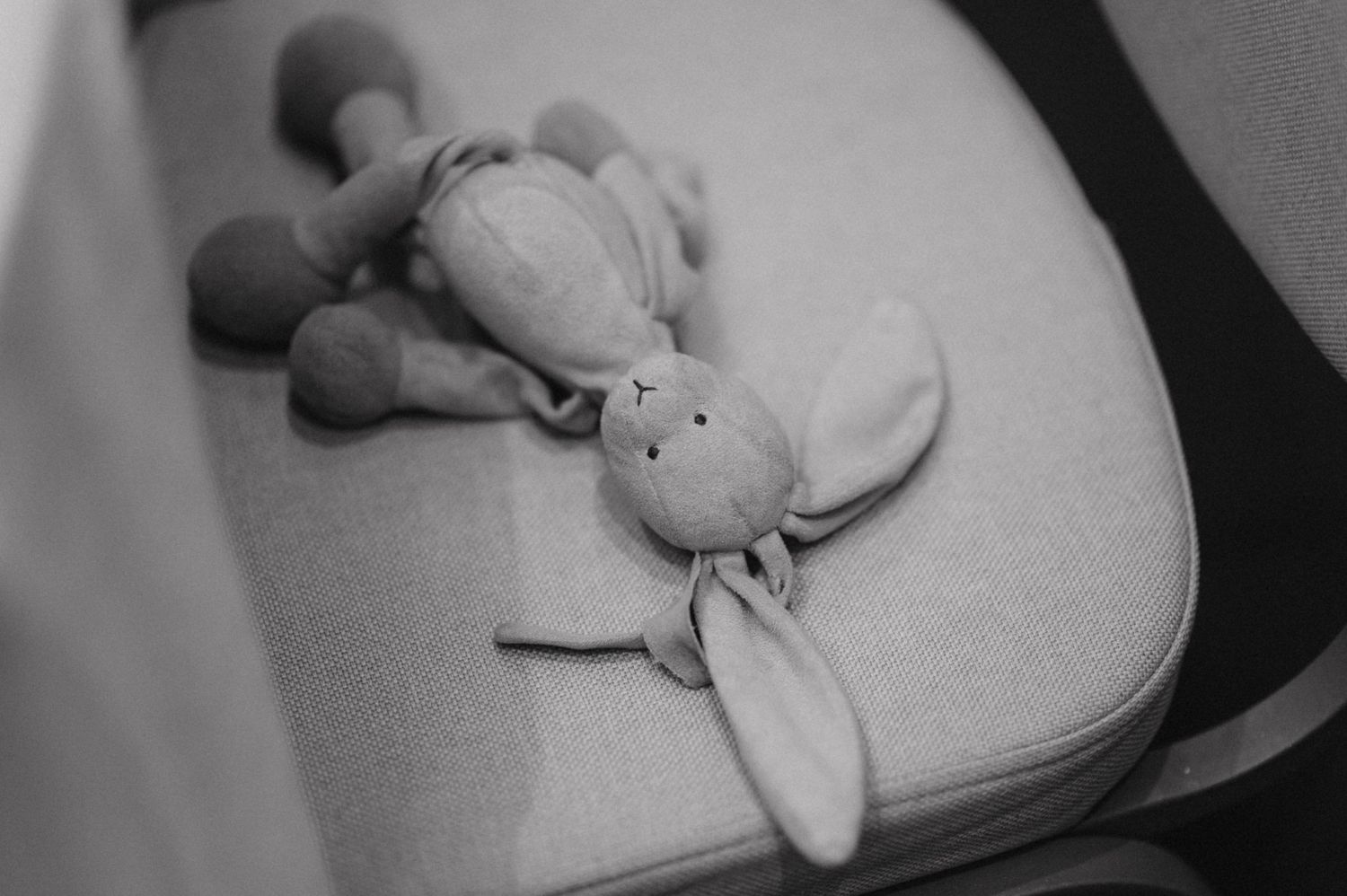 Black and white photo of a stuffed bunny toy on a light colored surface.
