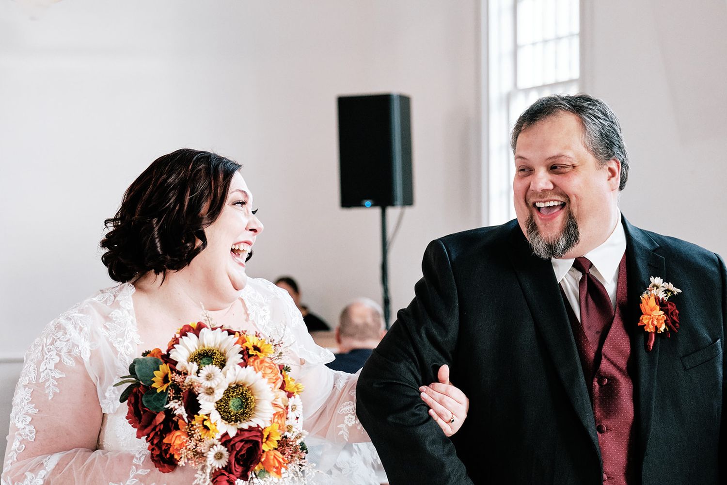 Happy newly married couple walking down the aisle - Green Bay, Wisconsin Wedding.