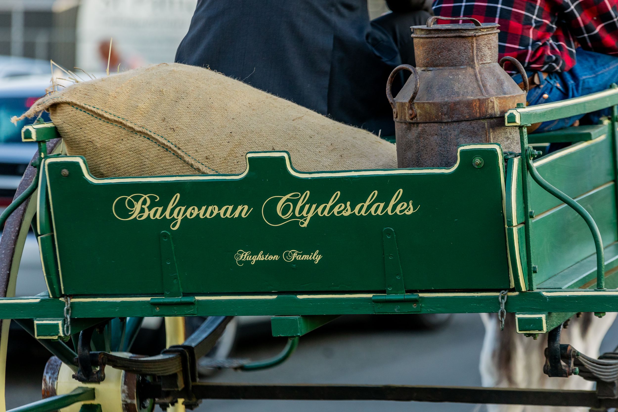 Green carriage signage reading 'Balgownan Clydesdales' with rustic leather and metal details.