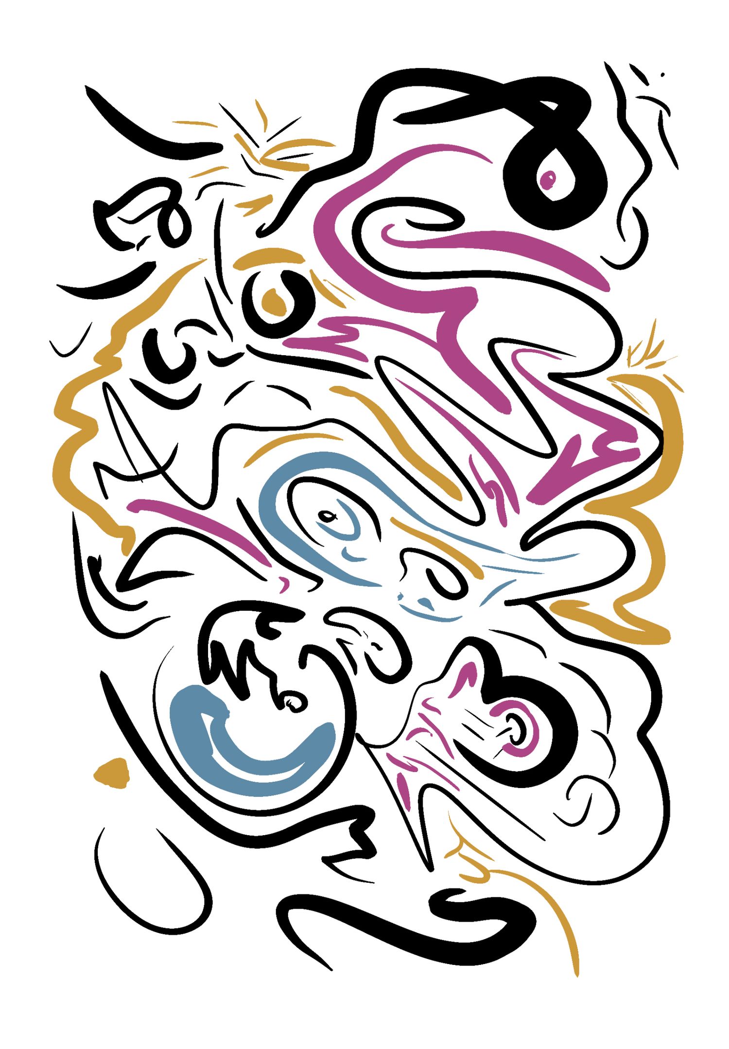 Abstract art design featuring flowing black lines with pink, blue, and gold accents.