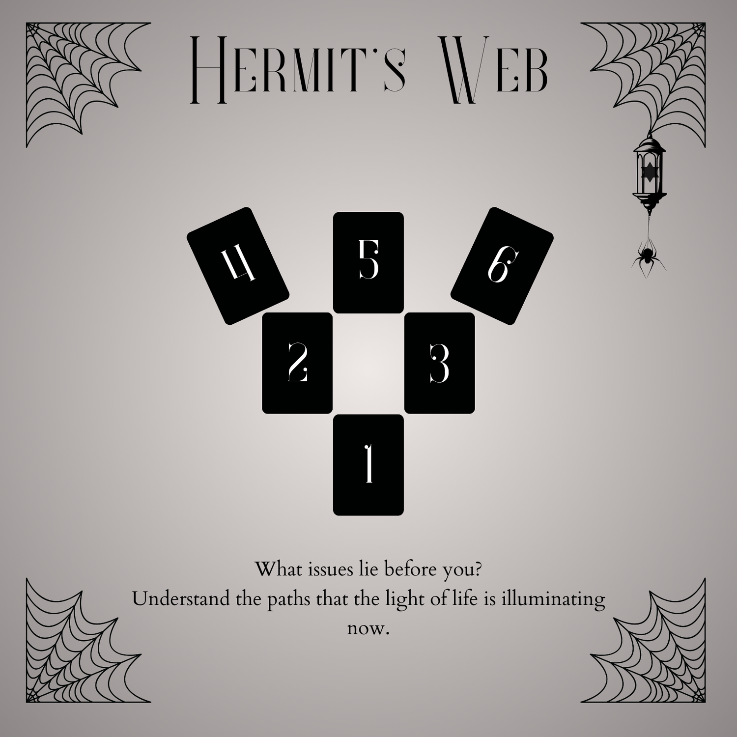 Tarot card spread layout design with spider web corners and lantern decoration.