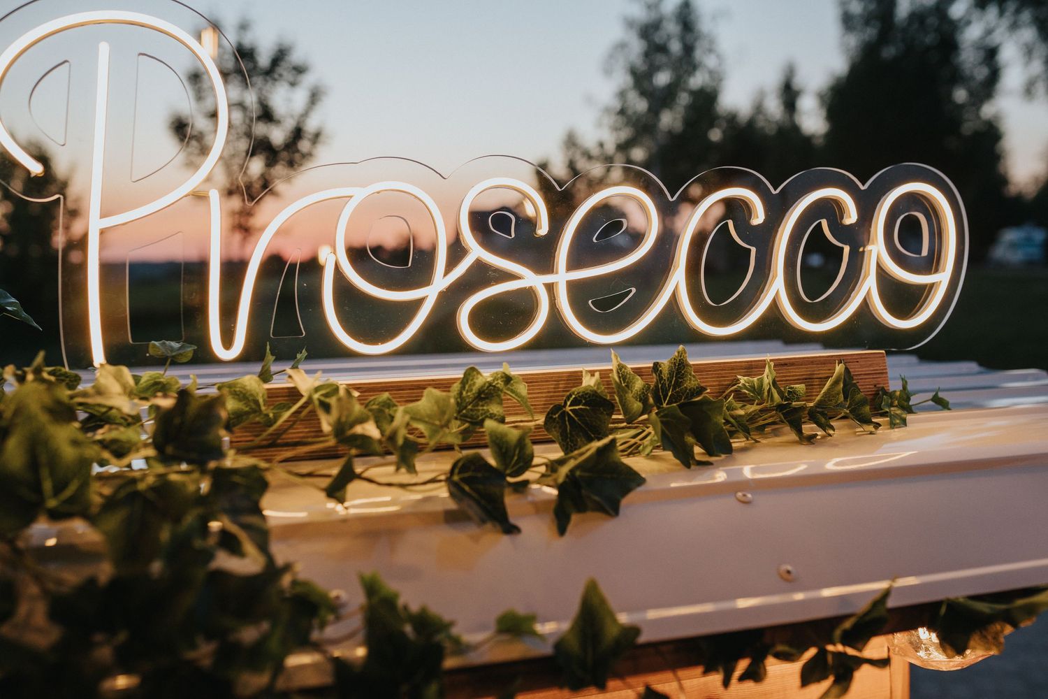 Prosecco van na weselu. Grzegorczyk Wojciech fotograf ślubny . napis neonowy
