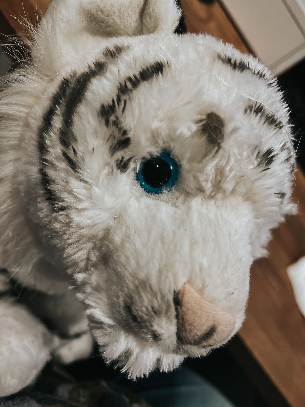View of the left side of a Wild Republic white tiger's eye after repair.