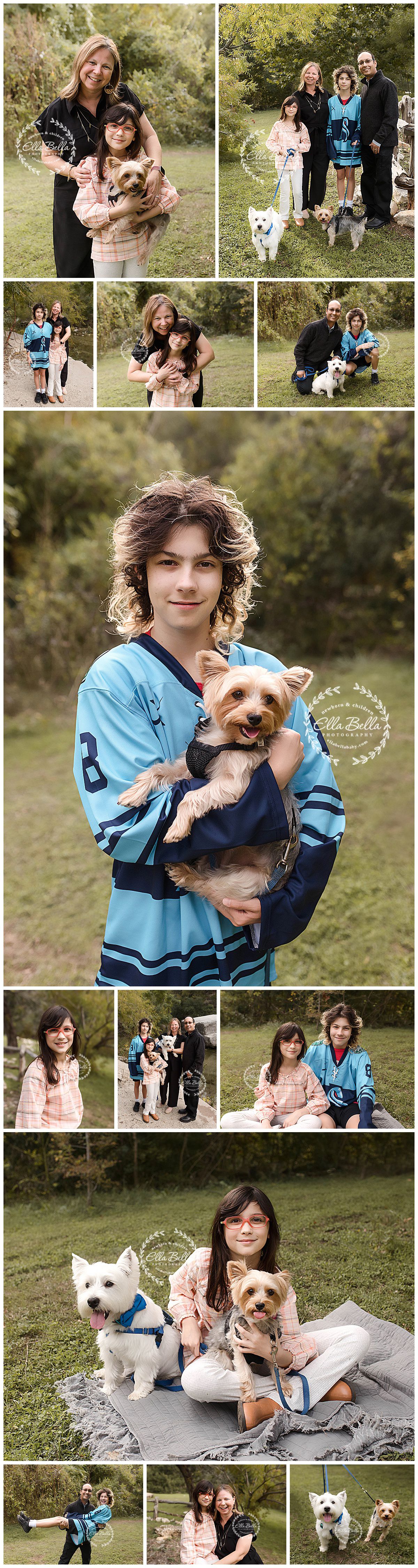 Family photo session with pets featuring casual outfits and two small dogs in a natural outdoor setting.