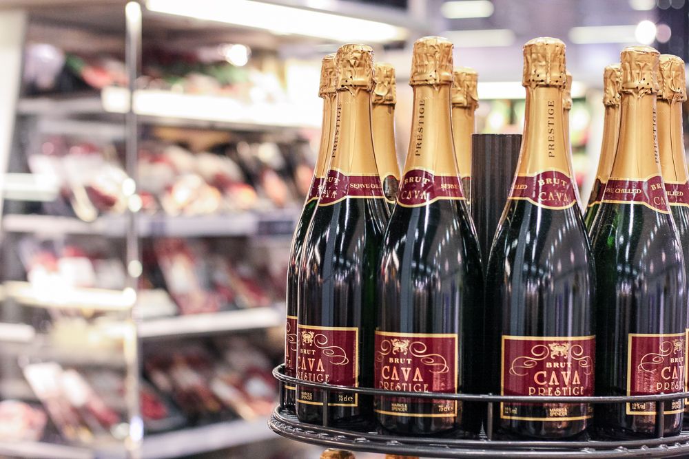 Commercial photography of bottles of Cava in a Marks and Spencer store