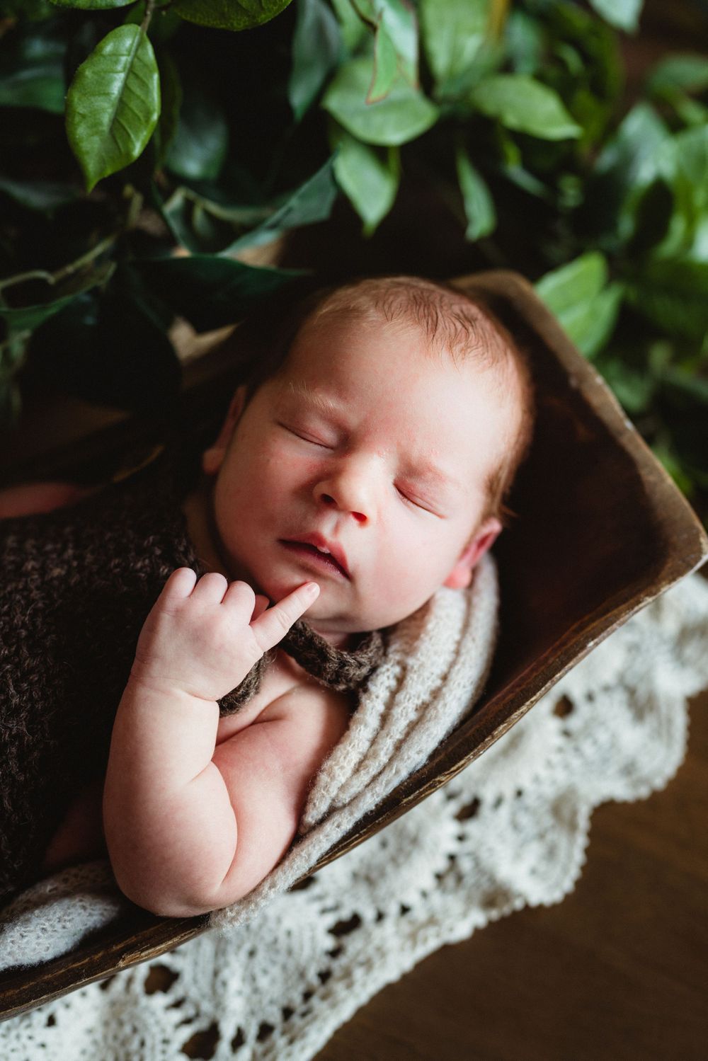 Peaceful sleeping baby wrapped in blanket surrounded by green leaves and lace.