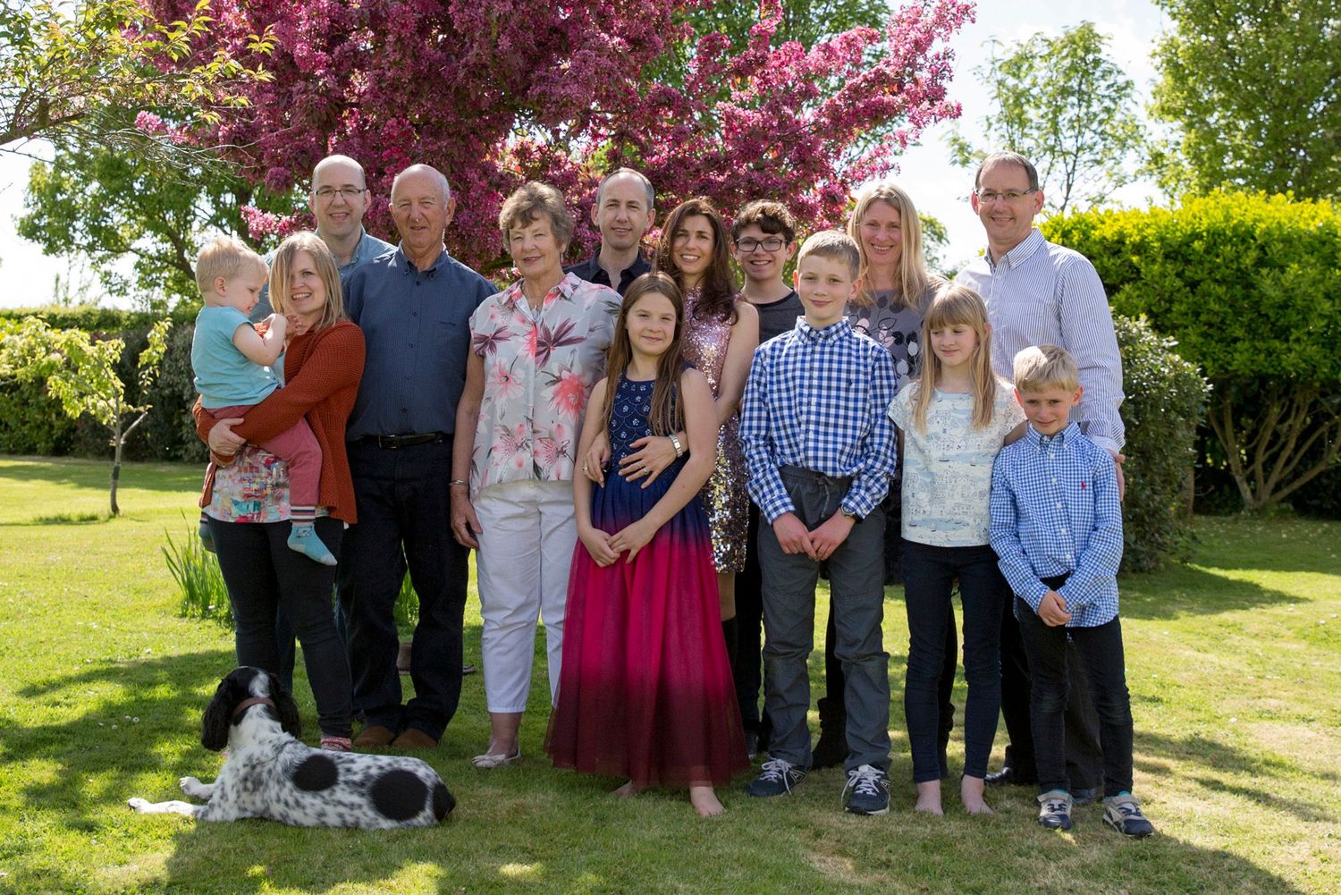 Extended family portrait in a garden with blooming cherry blossoms and spring flowers.