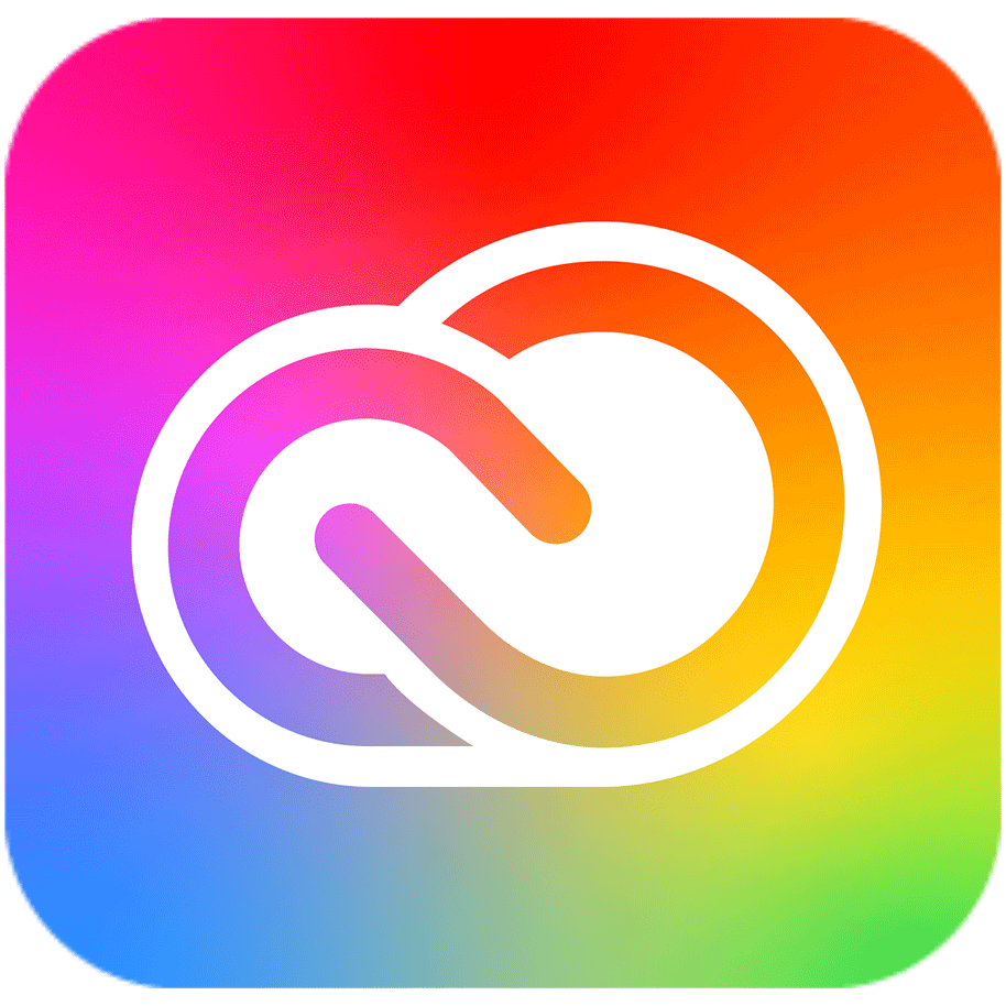 Adobe Creative Cloud logo with white cloud icon on vibrant rainbow gradient background.