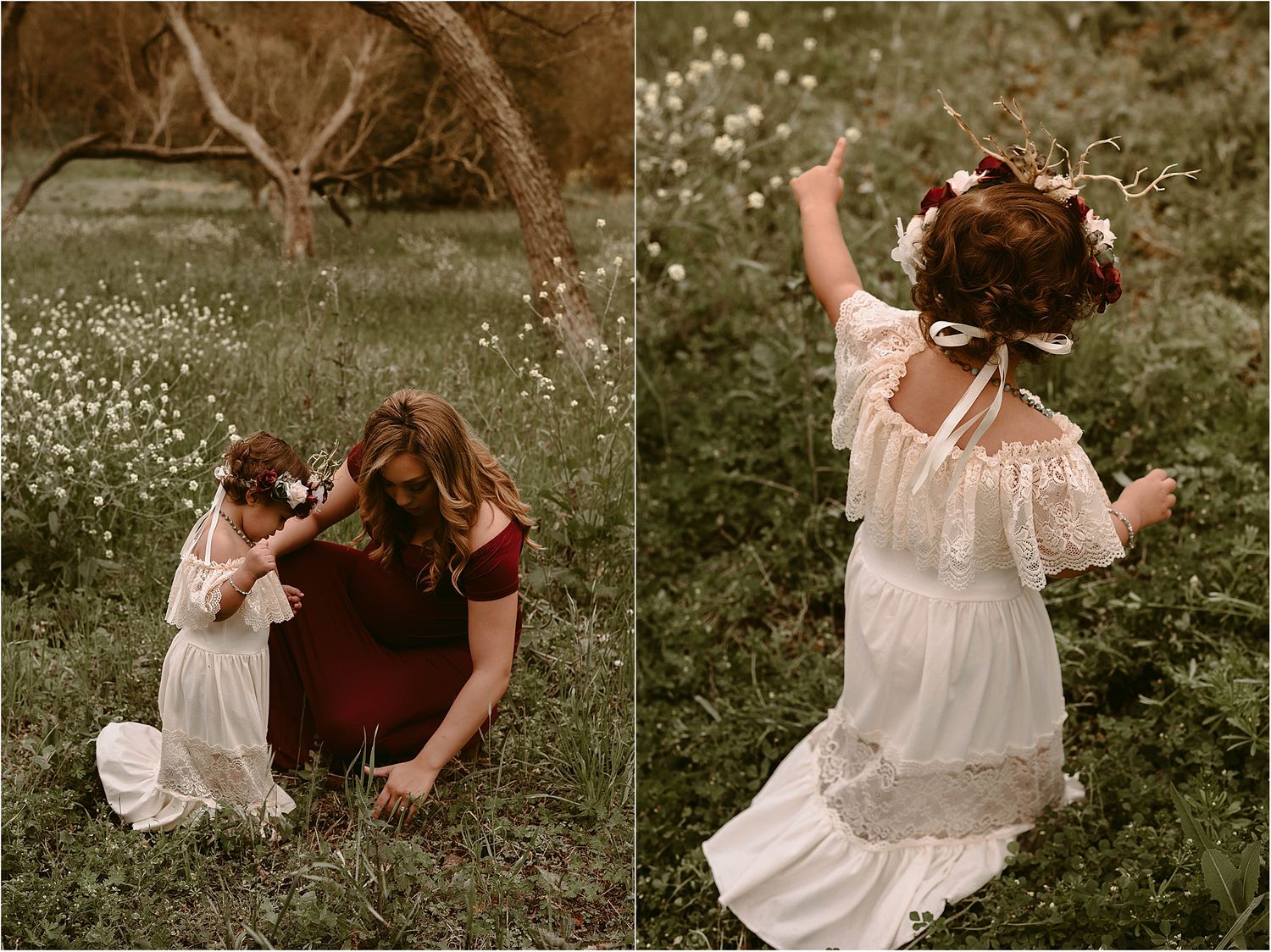 Joyful moments captured in a wildflower field with flowing dresses and natural light.