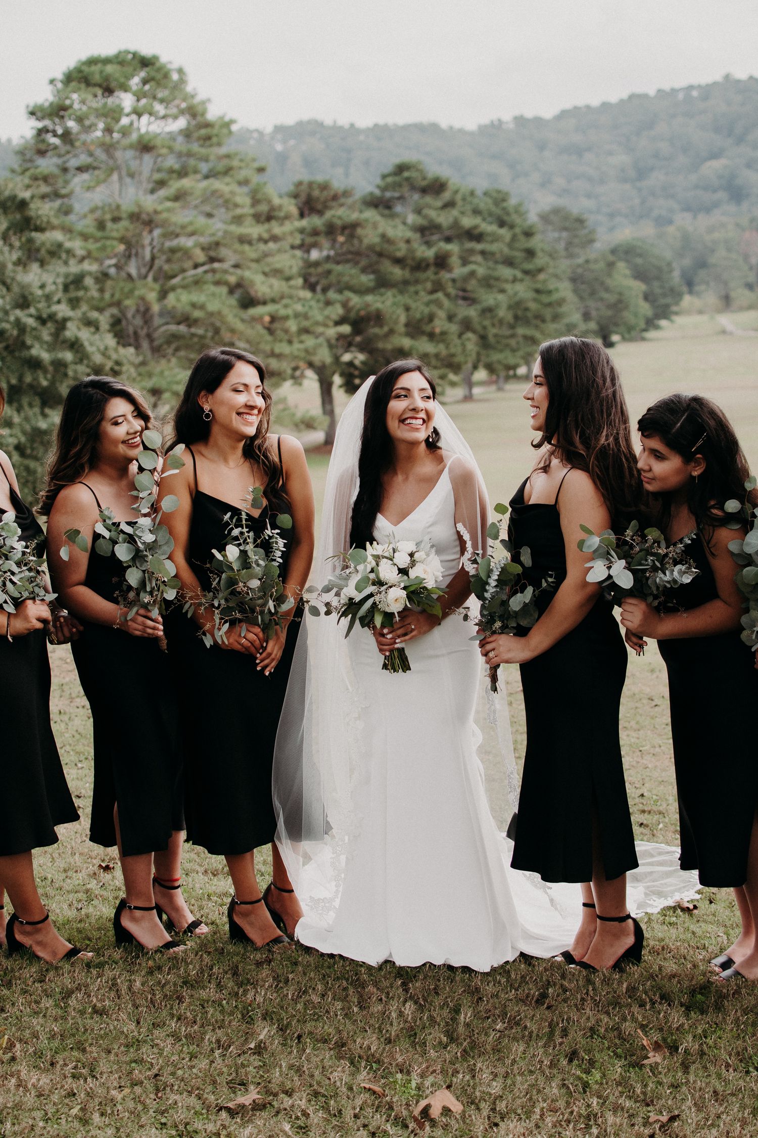 Bridal party in black dresses shares joyful moment with bride against mountain backdrop.